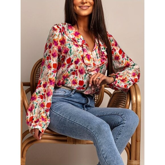 Floral Ruffle V-Neck Long Sleeve Blouse For Women S-XXL Available - Picture 1 of 4